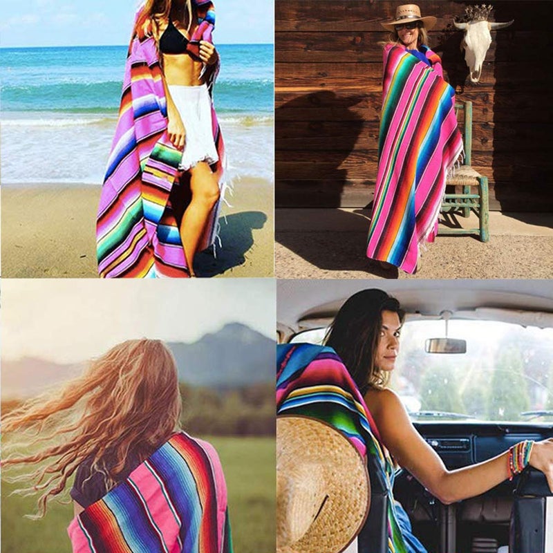 Fowecelt Mexican Serape Blanket Tablecloth 59 x 84 Inch for Mexican Party Wedding Decorations Outdoor Picnics Dining Table, Large Square Fringe Cotton Handwoven Table Cloth - Image 2